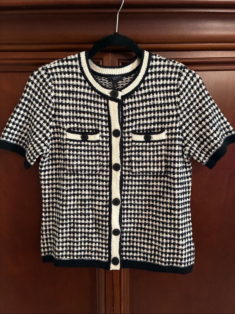 Talbots Black and White Houndstooth Short Sleeve Knit Blazer
